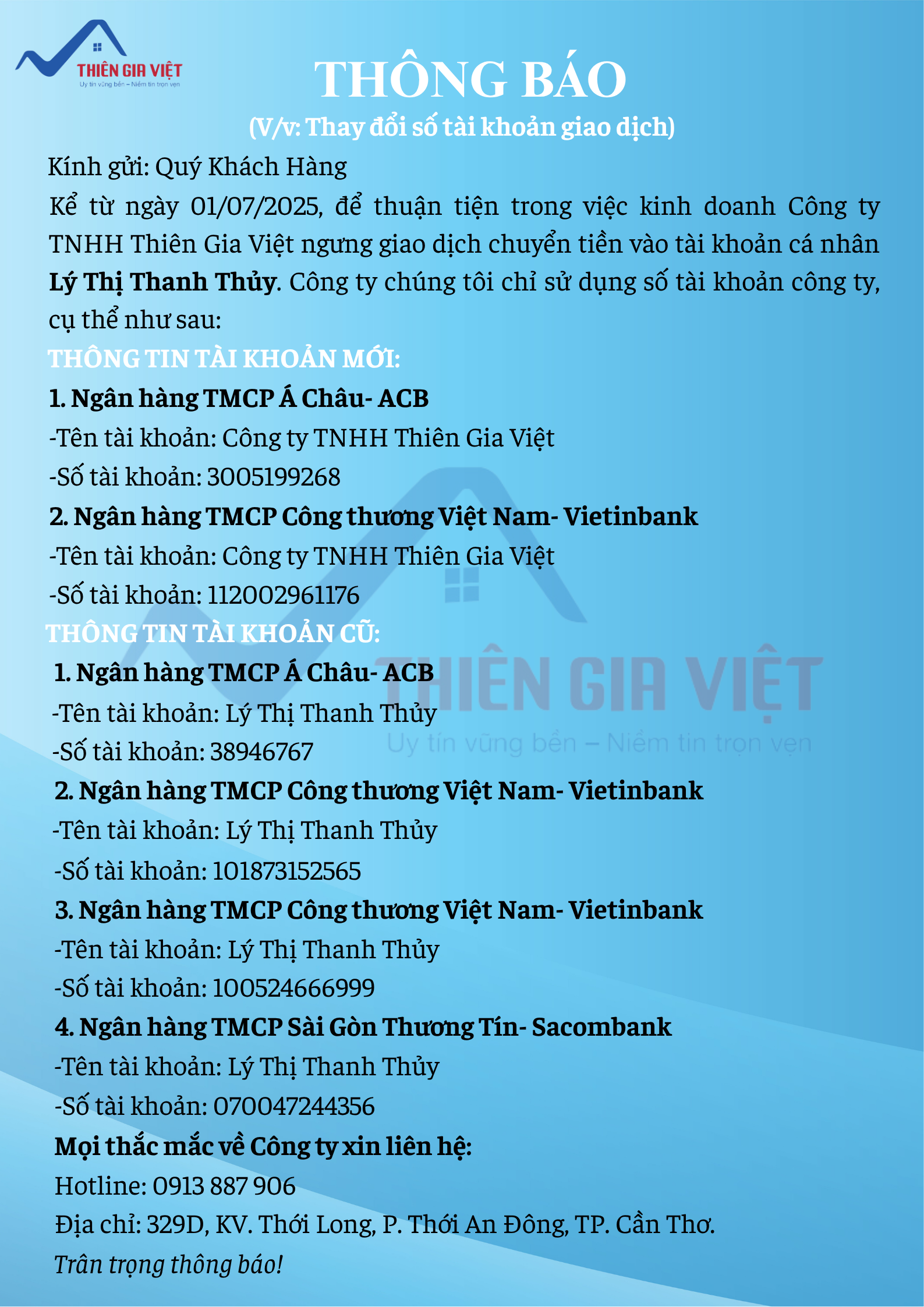 Thông báo Thay đổi số tài khoản giao dịch